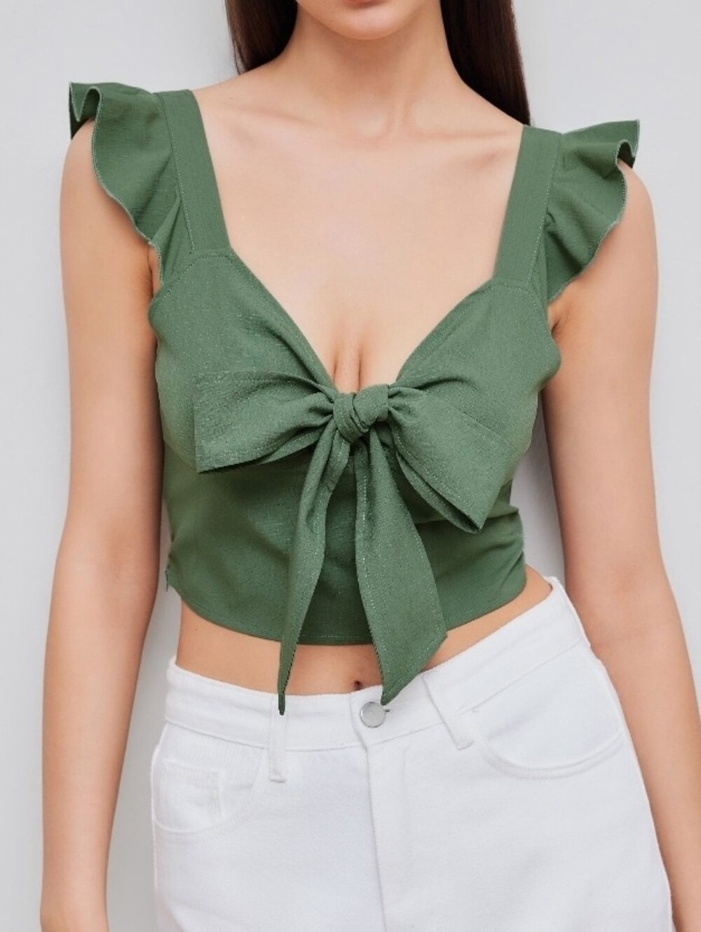 Cider V-neck Ruffle Knotted Crop Top Sage Green MEDIUM Like New!